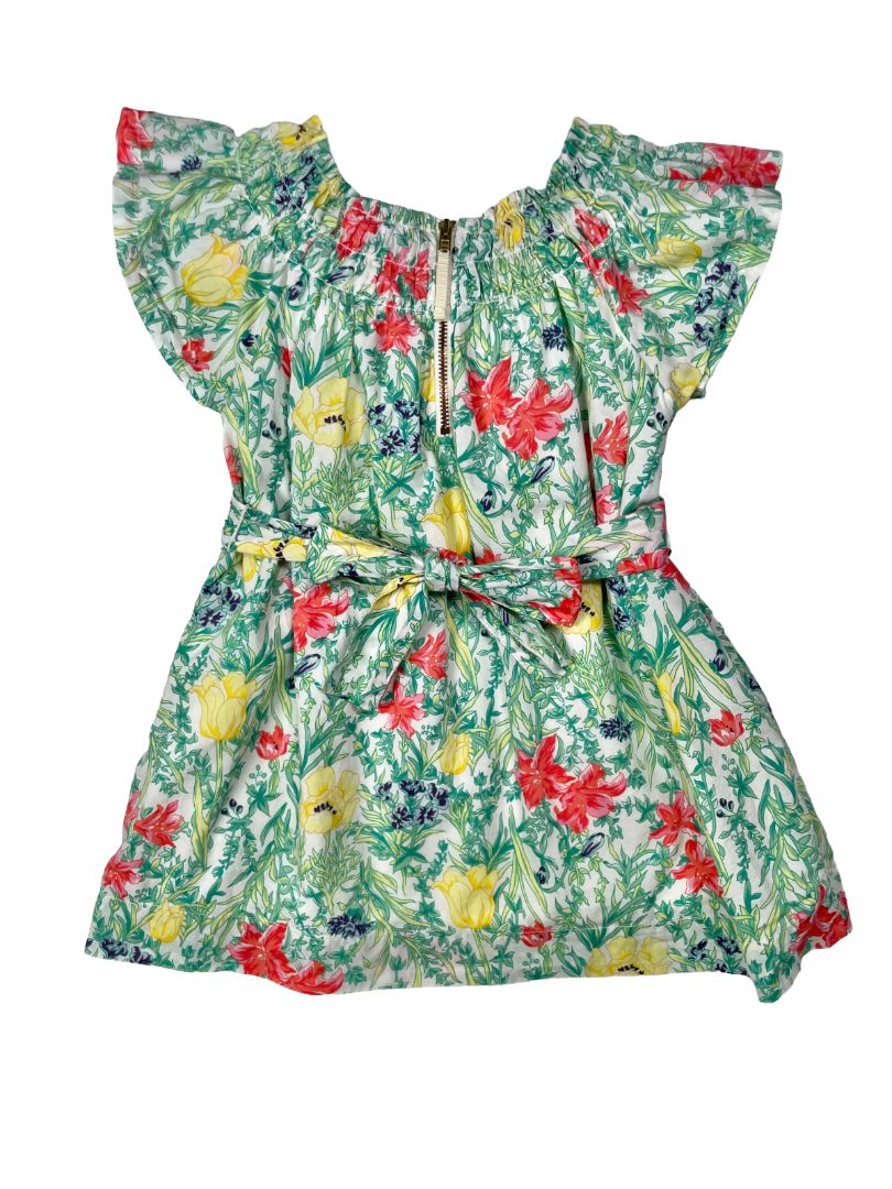2/2T, J.Crew Crewcuts, Green, Red/yellow floral flutter-sleeve dress w/ smocked neckline, waist tie