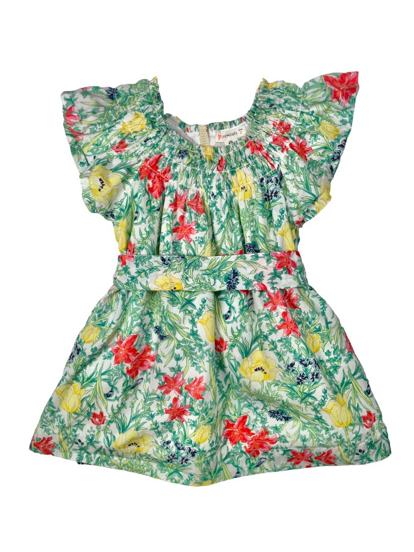 2/2T, J.Crew Crewcuts, Green, Red/yellow floral flutter-sleeve dress w/ smocked neckline, waist tie
