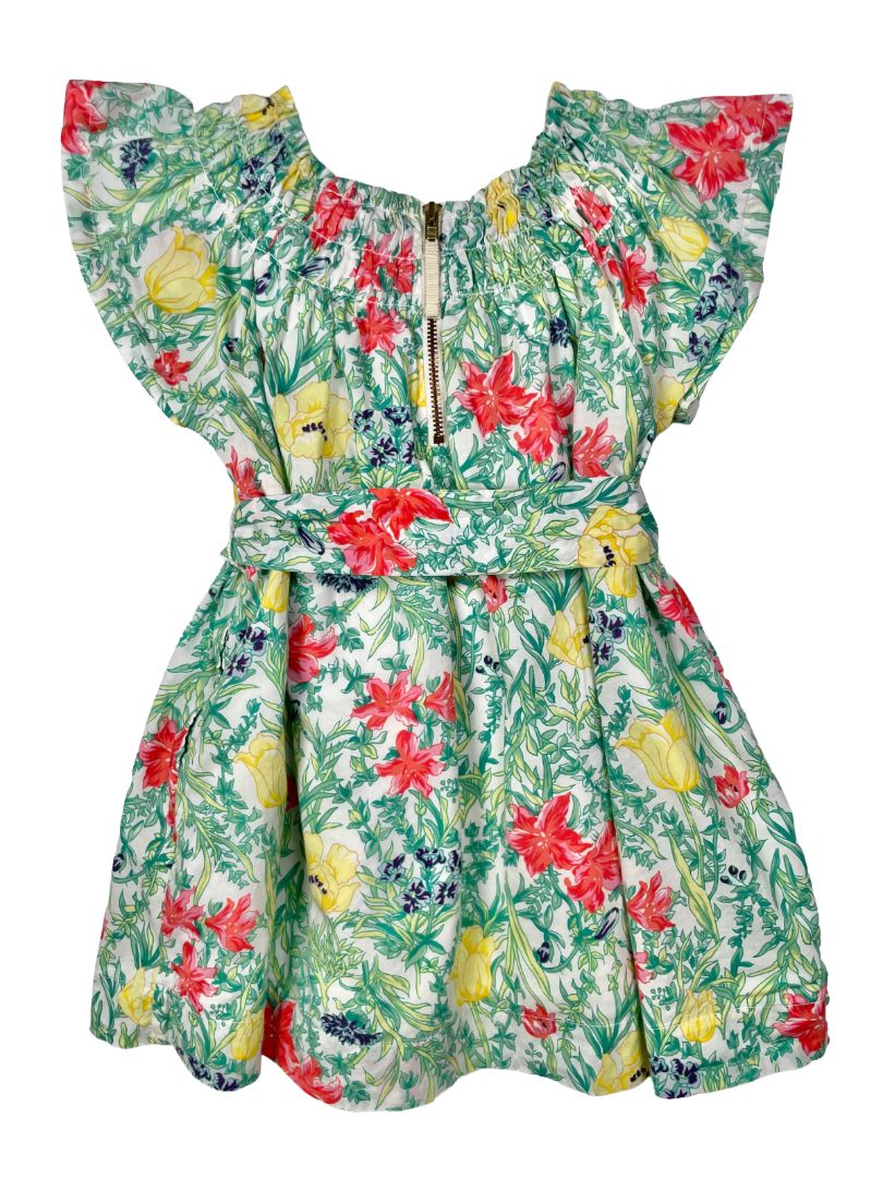 2/2T, J.Crew Crewcuts, Green, Red/yellow floral flutter-sleeve dress w/ smocked neckline, waist tie