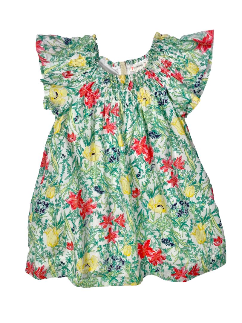 2/2T, J.Crew Crewcuts, Green, Red/yellow floral flutter-sleeve dress w/ smocked neckline, waist tie