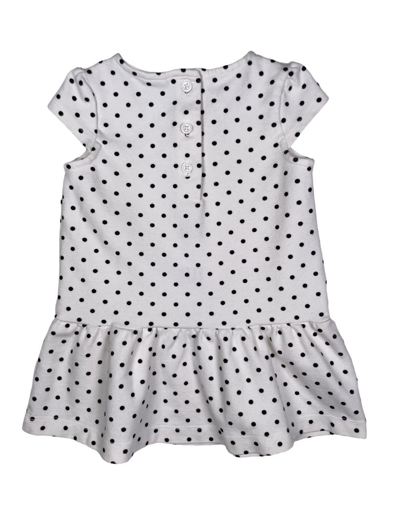 6-12 mo, Janie and Jack, White, Black polka dot cap-sleeve, drop-waist dress, striped bow and ribbon detail