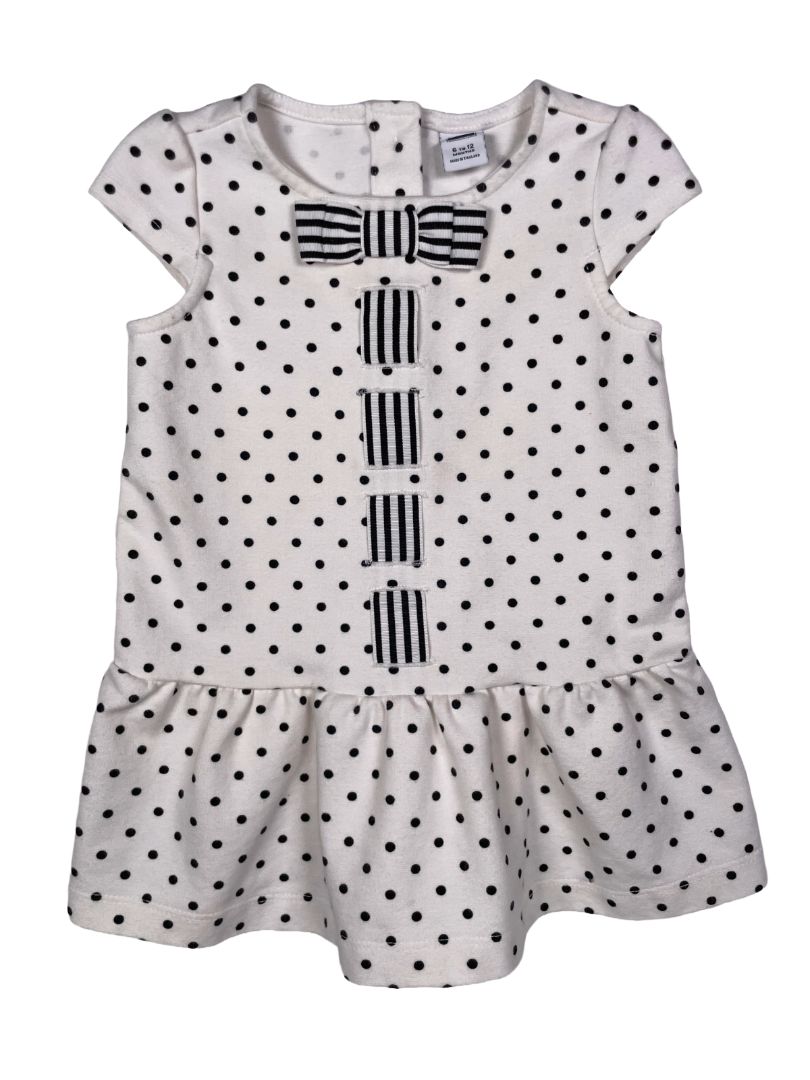 6-12 mo, Janie and Jack, White, Black polka dot cap-sleeve, drop-waist dress, striped bow and ribbon detail
