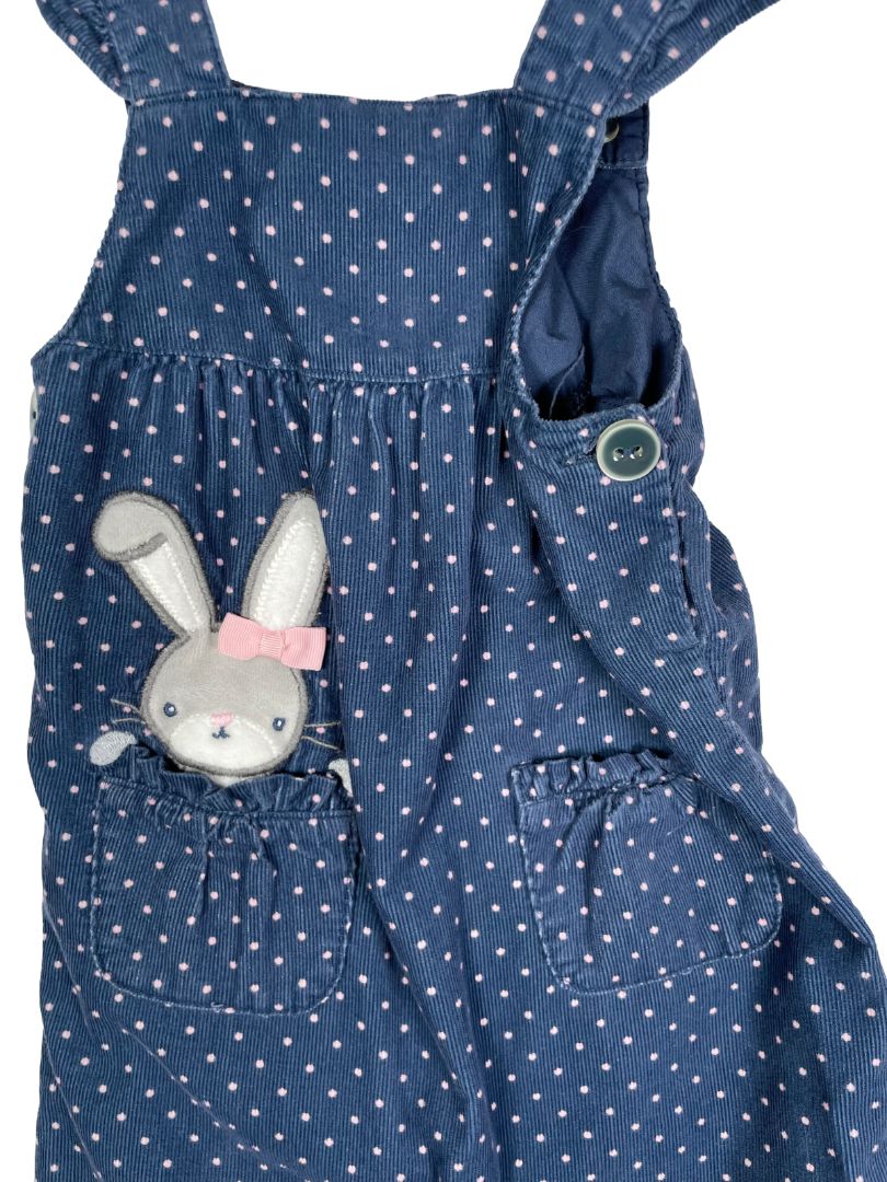 12-18 mo, Gymboree, Blue, Pink polka dot corduroy coverall, ruffle adjustable straps, bunny in pocket, snap legs