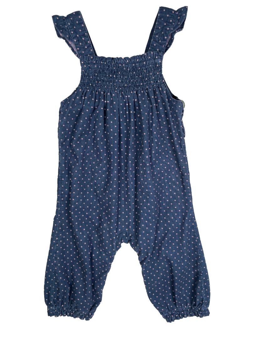 12-18 mo, Gymboree, Blue, Pink polka dot corduroy coverall, ruffle adjustable straps, bunny in pocket, snap legs
