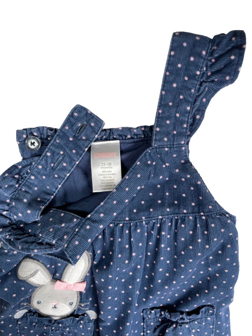 12-18 mo, Gymboree, Blue, Pink polka dot corduroy coverall, ruffle adjustable straps, bunny in pocket, snap legs