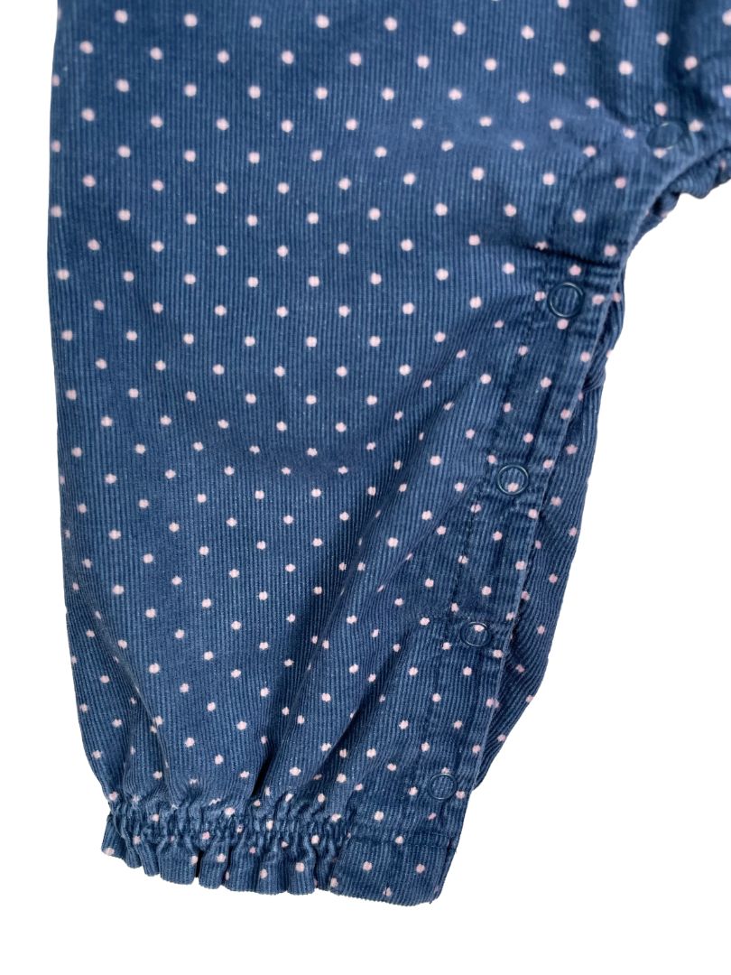 12-18 mo, Gymboree, Blue, Pink polka dot corduroy coverall, ruffle adjustable straps, bunny in pocket, snap legs