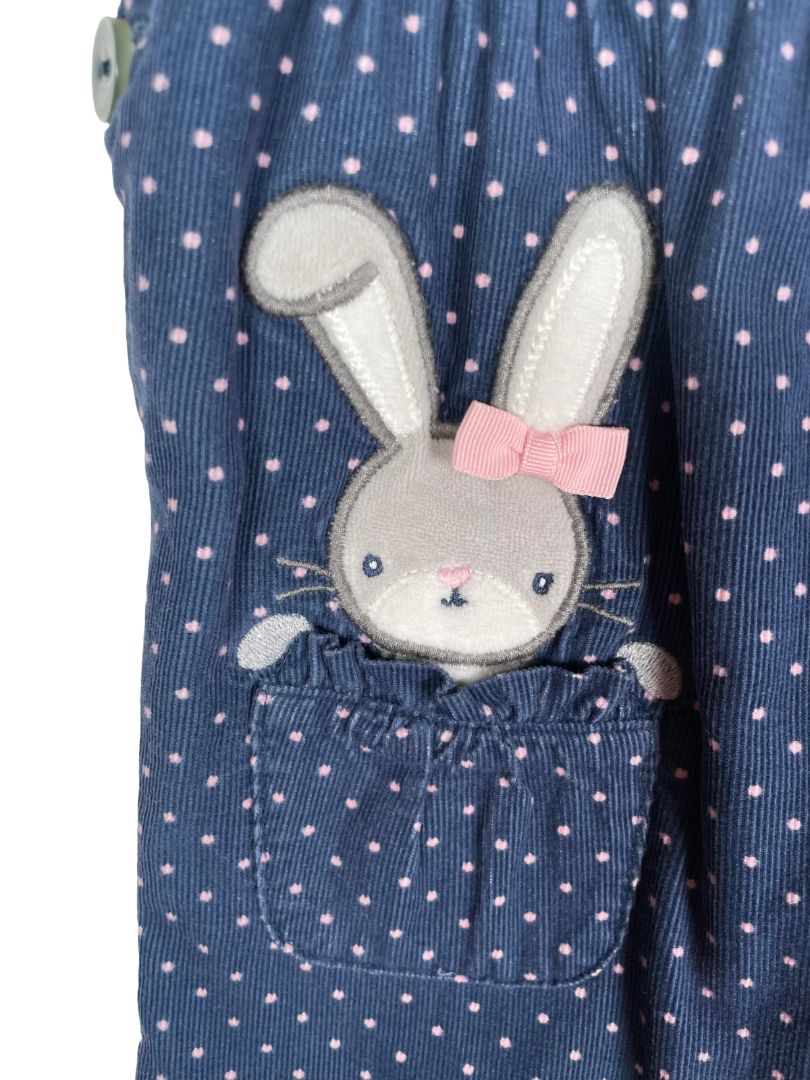 12-18 mo, Gymboree, Blue, Pink polka dot corduroy coverall, ruffle adjustable straps, bunny in pocket, snap legs