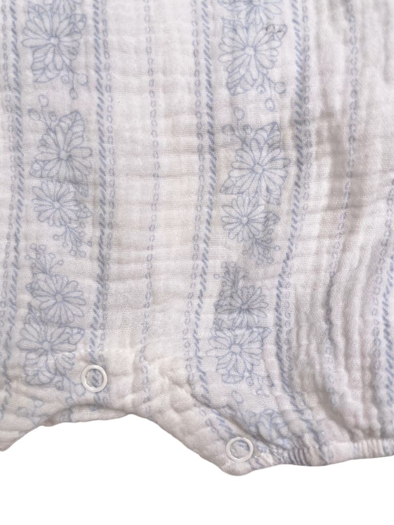 12 mo, Emily and Oliver, White, Gauzy ruffle strap romper, blue florals and verticals stripes
