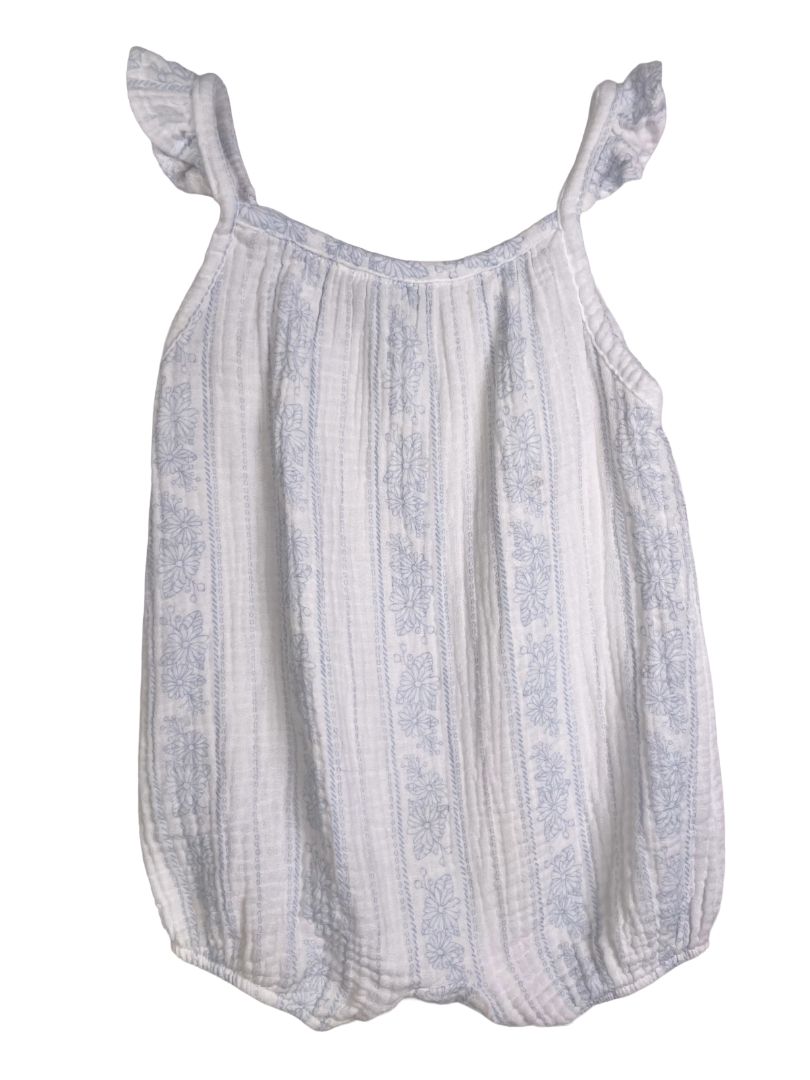 12 mo, Emily and Oliver, White, Gauzy ruffle strap romper, blue florals and verticals stripes