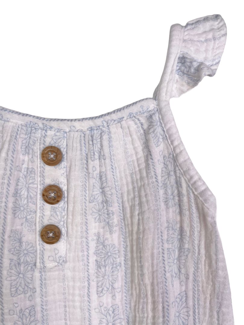 12 mo, Emily and Oliver, White, Gauzy ruffle strap romper, blue florals and verticals stripes