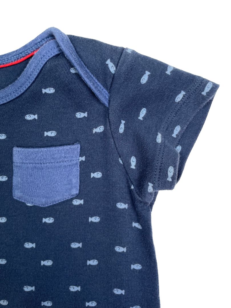 9-12 mo, Mothercare, Blue, Light blue fish print romper, pocket