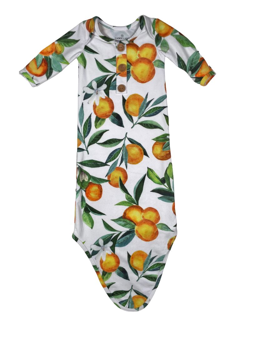 0-3 mo, Caden Lane, White, Citrus print soft knot gown, fold-over mitts