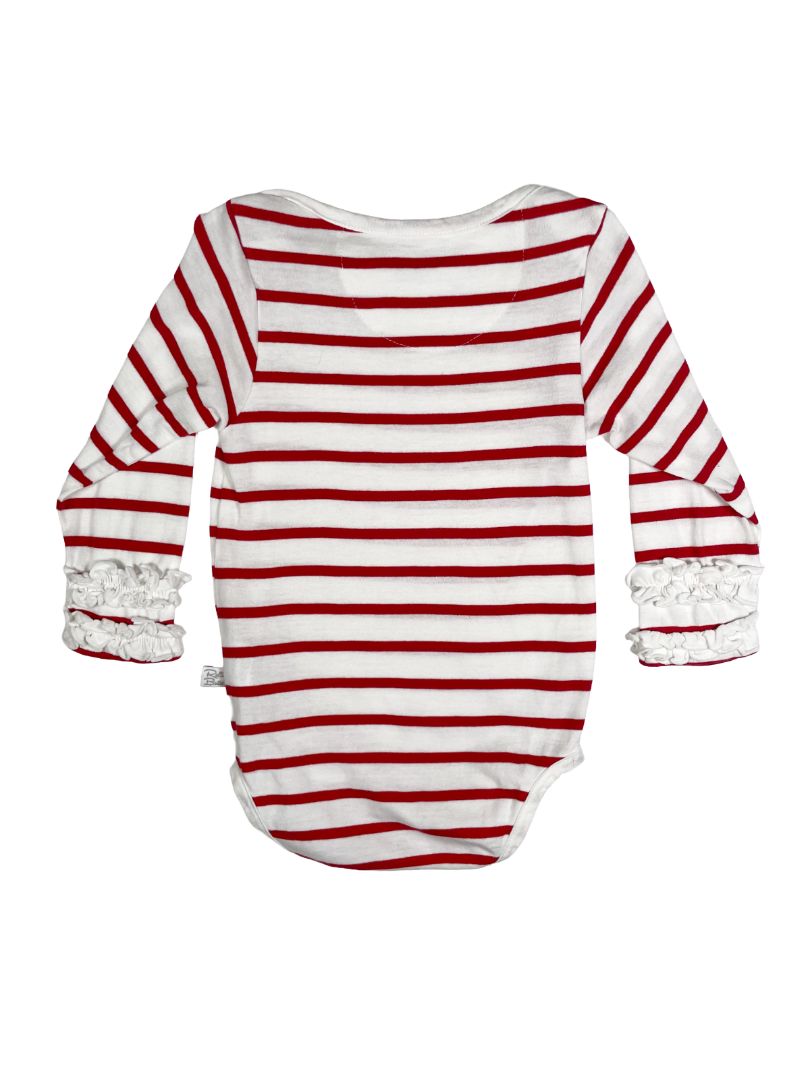 18-24 mo, Ruffle Butts, White, Red striped long-sleeve bodysuit, ruffles on cuffs