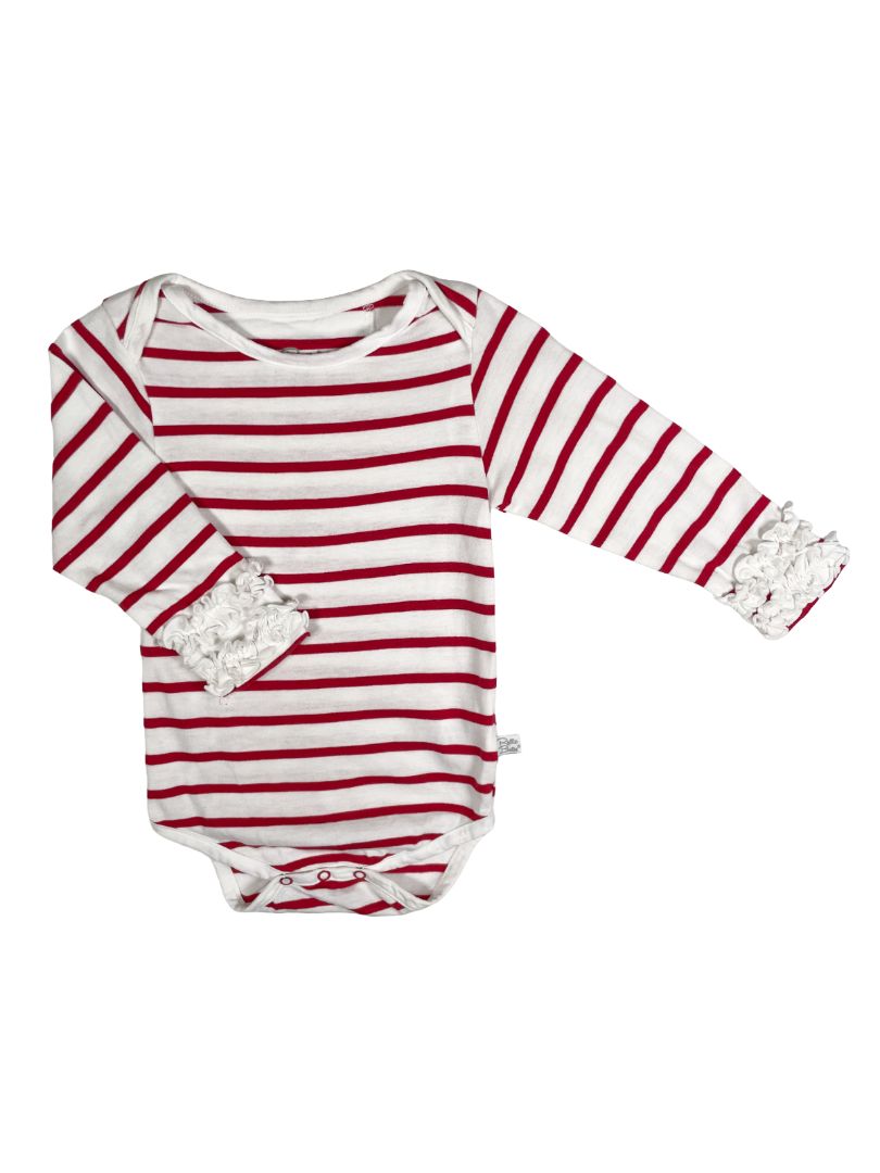 18-24 mo, Ruffle Butts, White, Red striped long-sleeve bodysuit, ruffles on cuffs