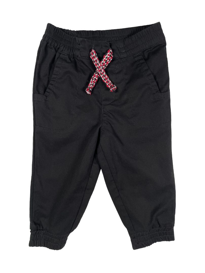 12 mo, TJX, Black, Cotton pull-on pants, decorative red/white tie