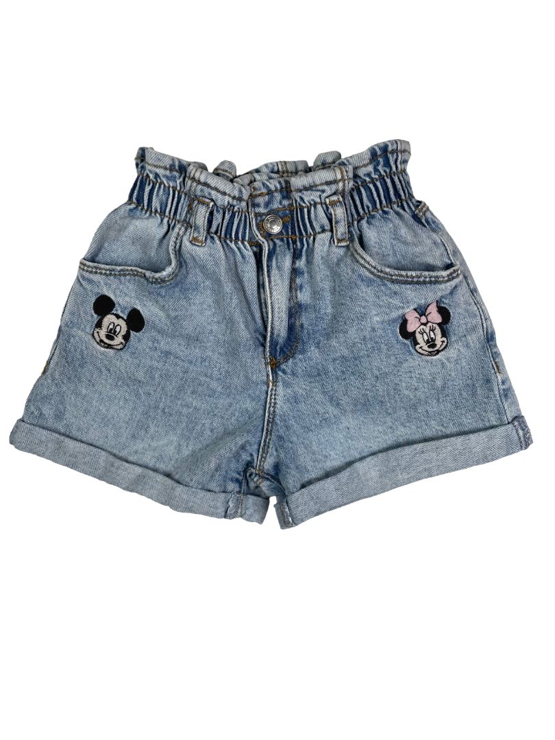 4-5, Zara, Blue, Mickey & Minnie Mouse paper bag denim shorts, elastic waist + zip/snap
