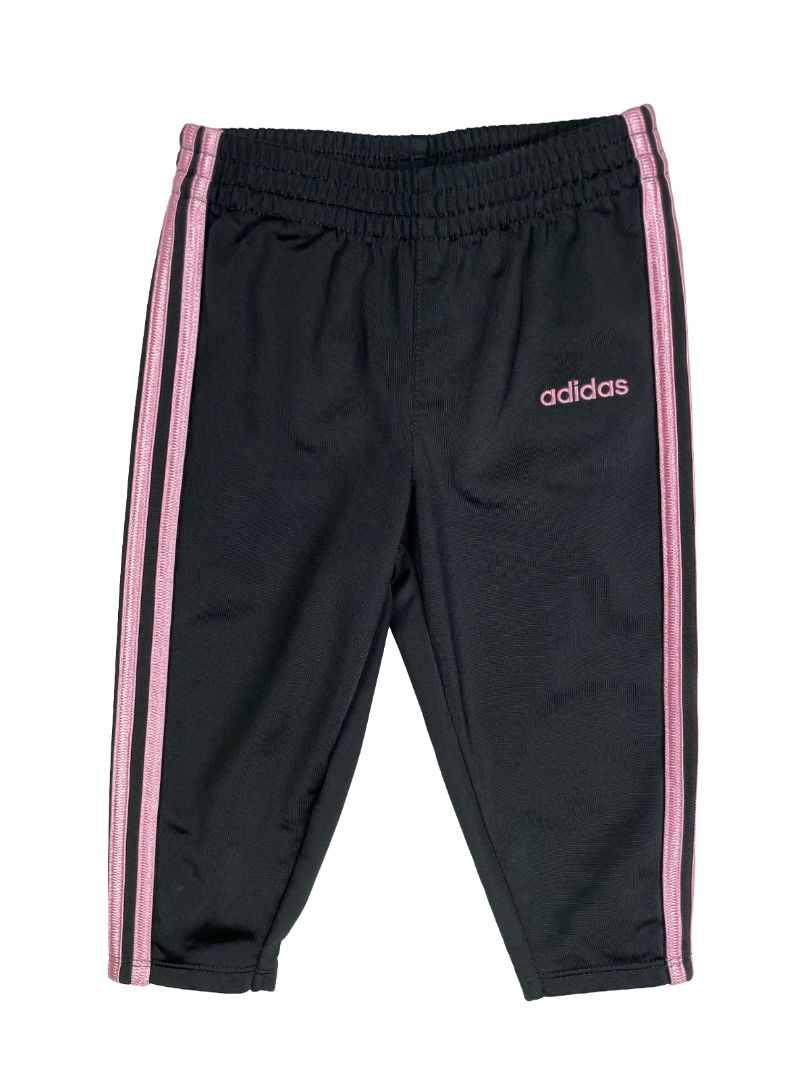 12 mo, Adidas, Black, Pull-on active pants, pink tri-stripes on sides