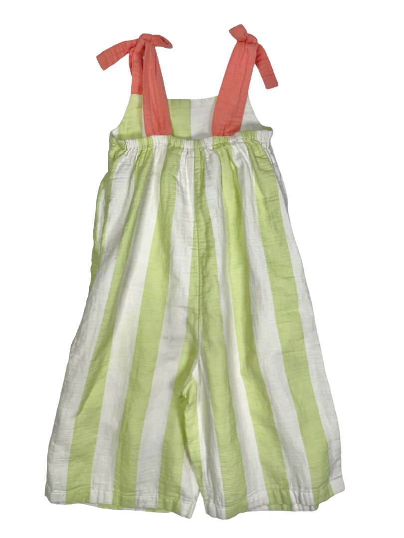 4/4T, Open Edit, Cream, Wide-leg green wide vertical striped pull-on jumpsuit, coral bow straps, pockets