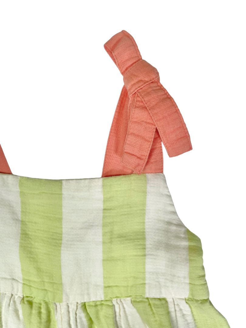4/4T, Open Edit, Cream, Wide-leg green wide vertical striped pull-on jumpsuit, coral bow straps, pockets
