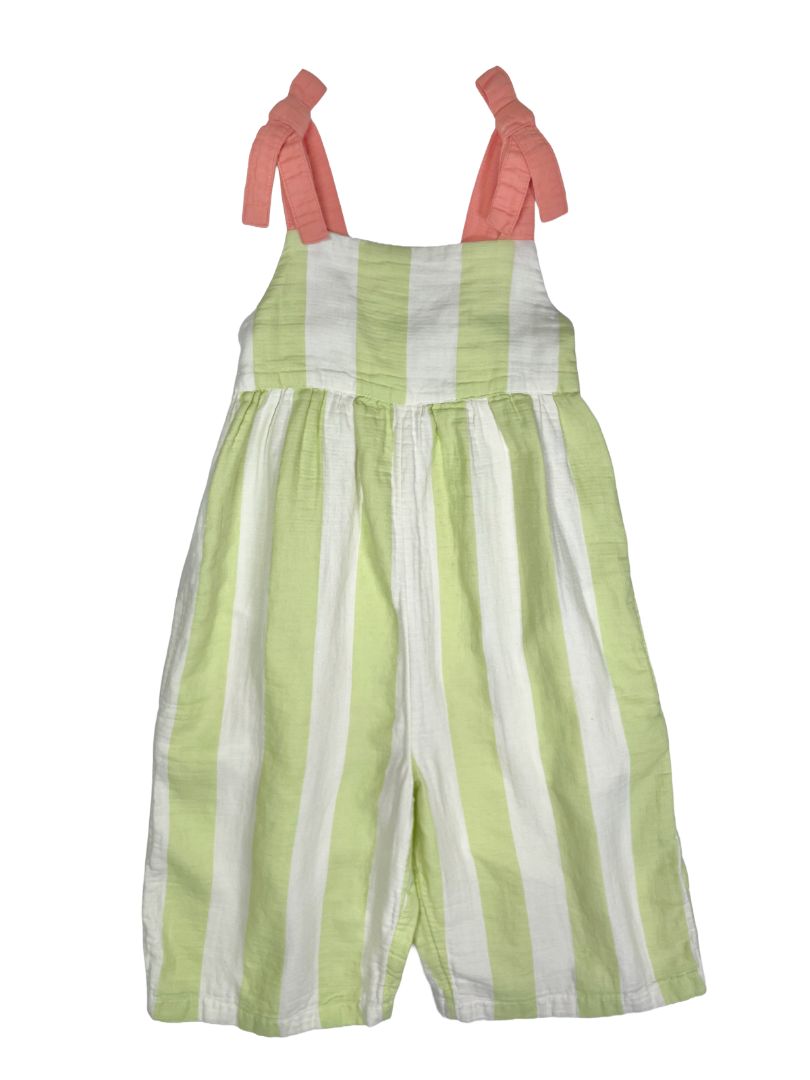 4/4T, Open Edit, Cream, Wide-leg green wide vertical striped pull-on jumpsuit, coral bow straps, pockets