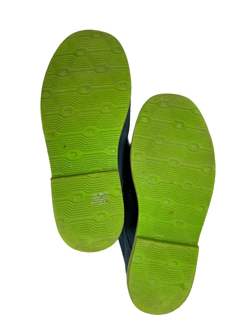 Size 12, Florsheim, Blue, Suede lace-up dress shoes, bright green soles