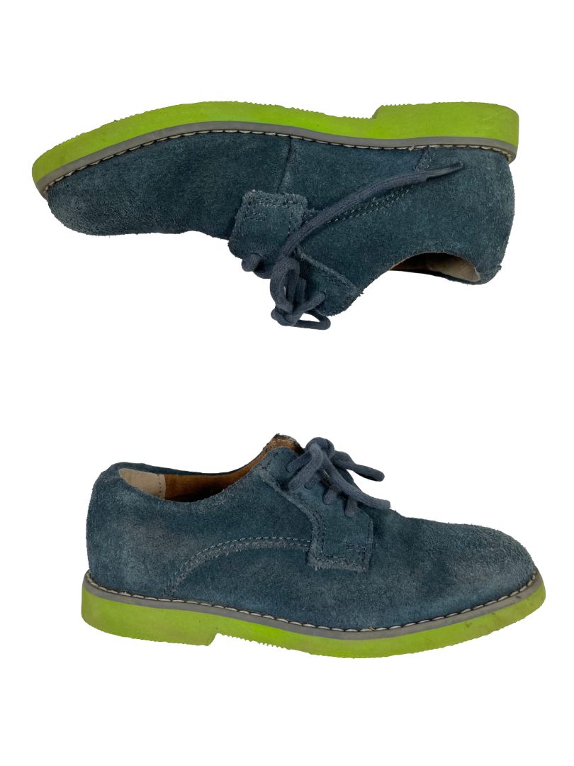 Size 12, Florsheim, Blue, Suede lace-up dress shoes, bright green soles