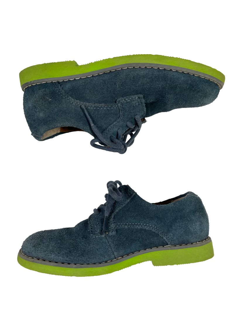 Size 12, Florsheim, Blue, Suede lace-up dress shoes, bright green soles
