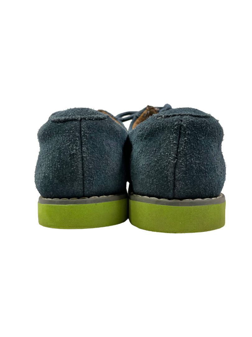 Size 12, Florsheim, Blue, Suede lace-up dress shoes, bright green soles