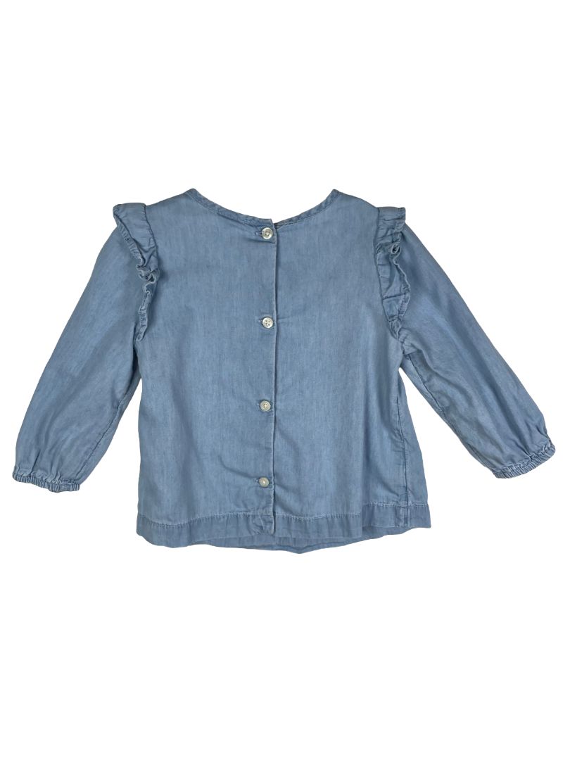 18-24 mo, babyGap, Blue, Chambray long-sleeve shirt, ruffles at shoulders