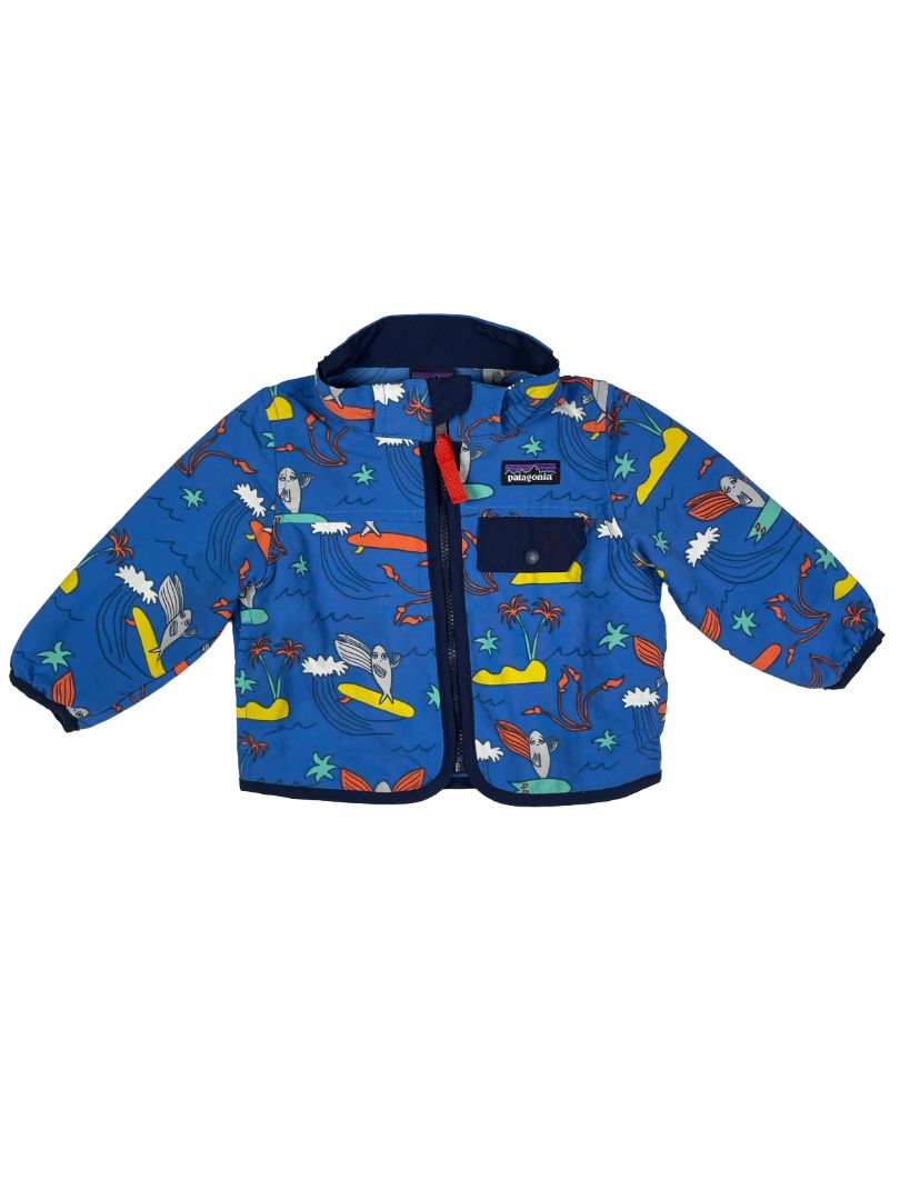 3-6 mo, Patagonia, Blue, Surfing fish zip-up lightweight jacket, removable hood
