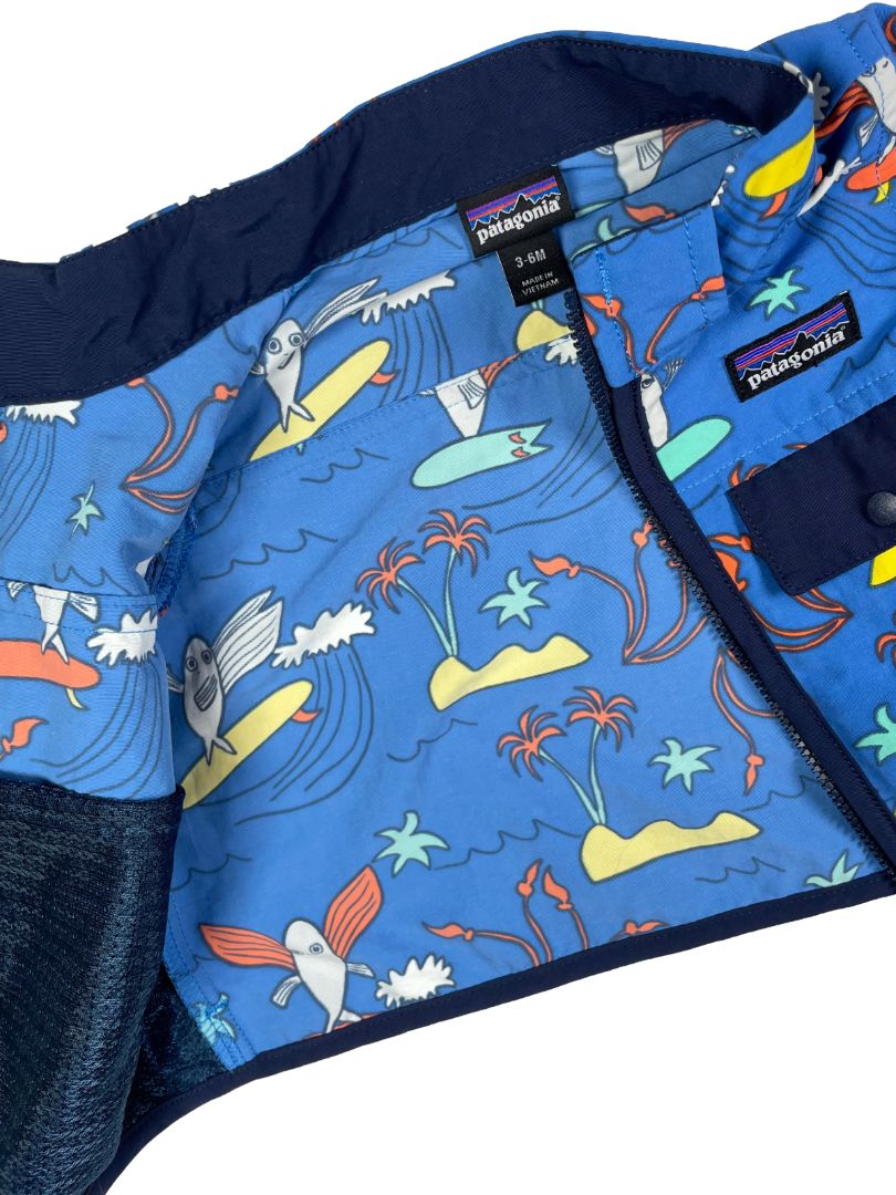 3-6 mo, Patagonia, Blue, Surfing fish zip-up lightweight jacket, removable hood