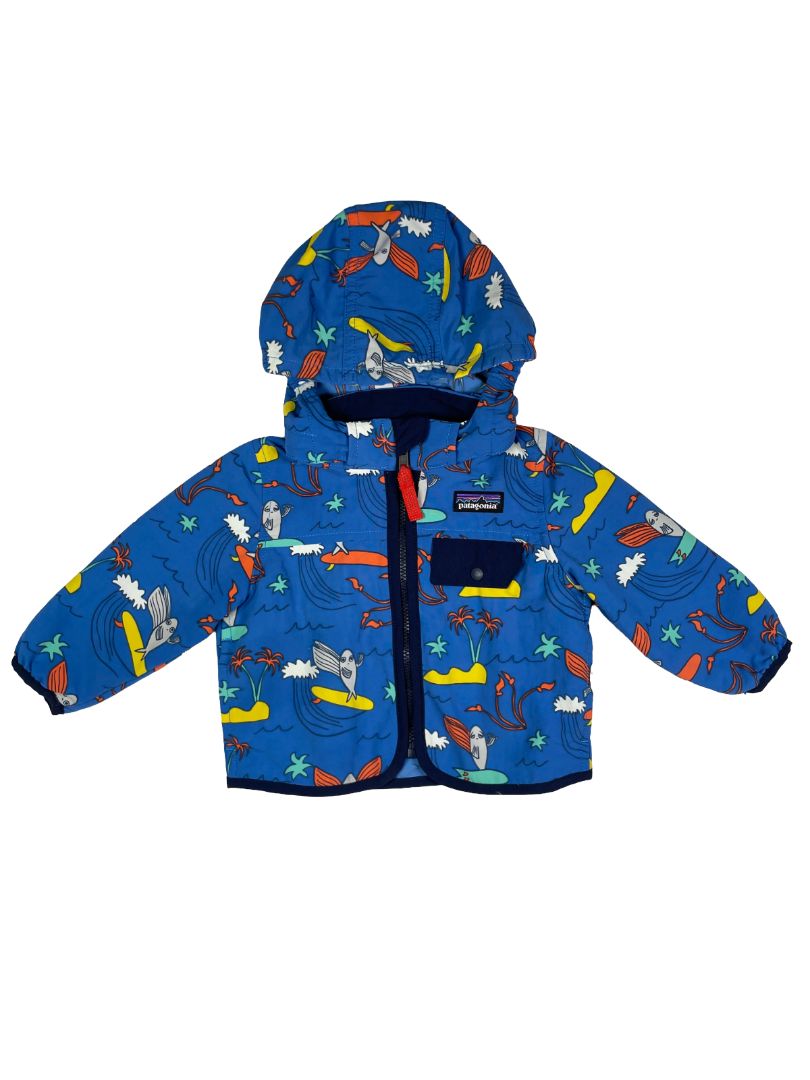 3-6 mo, Patagonia, Blue, Surfing fish zip-up lightweight jacket, removable hood