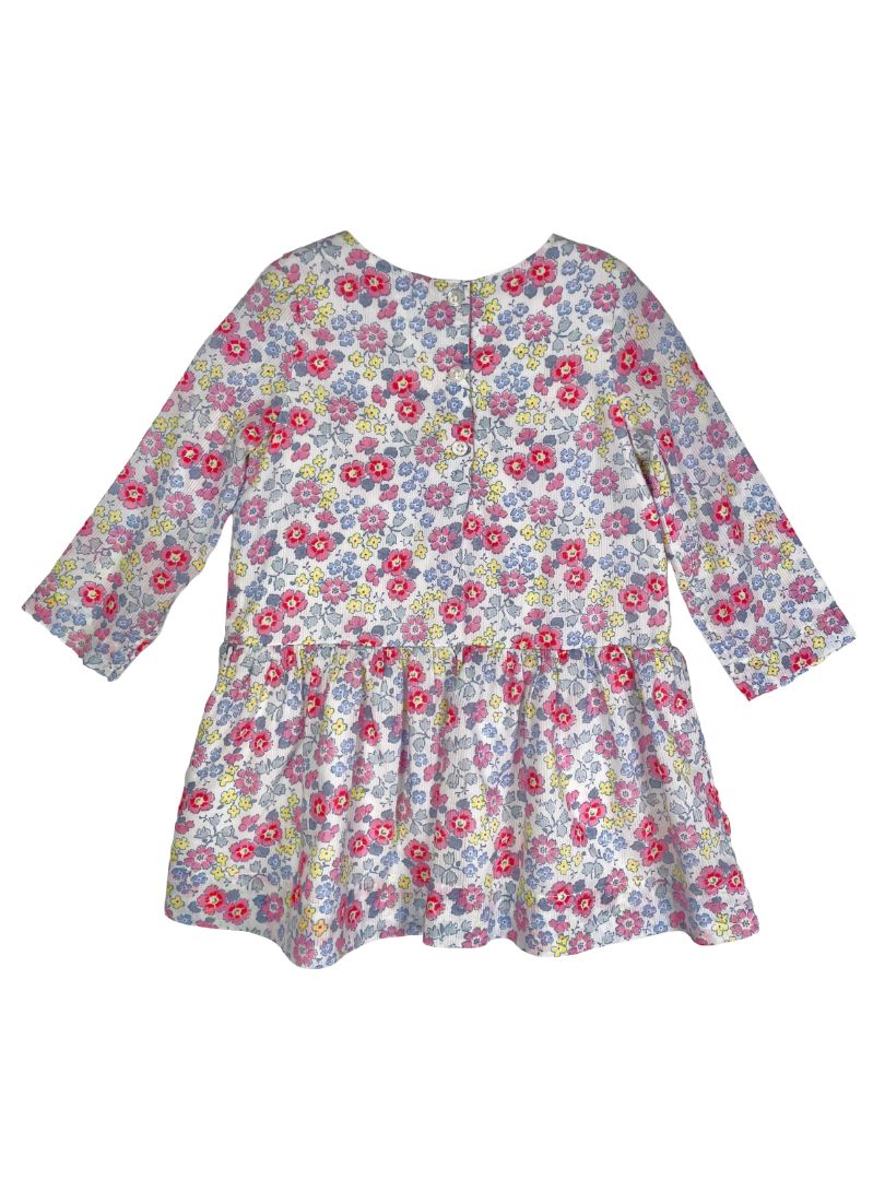 2/2T, babyGap, White, Floral drop-waist, long-sleeve dress w/ side ruffle, blue/pink/yellow