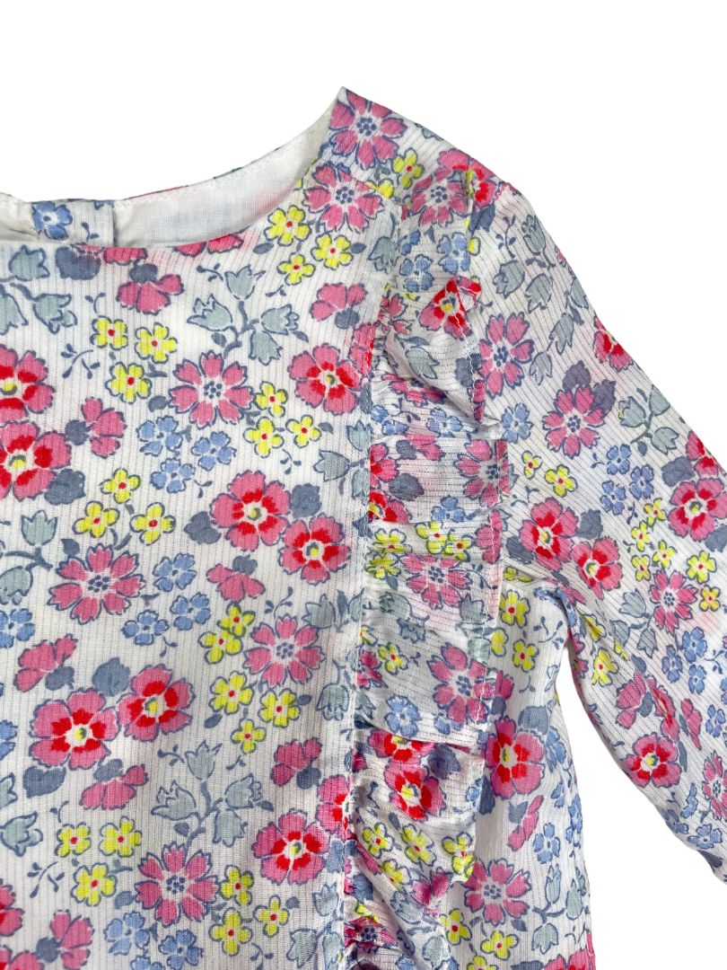 2/2T, babyGap, White, Floral drop-waist, long-sleeve dress w/ side ruffle, blue/pink/yellow