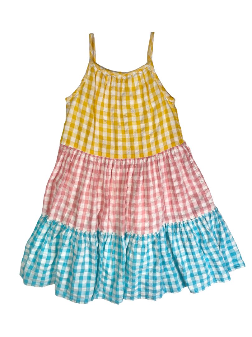 4/4T, Tucker + Tate, White, Tiered gingham spaghetti strap dress, yellow/pink/blue