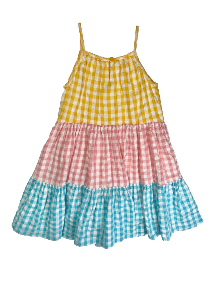 4/4T, Tucker + Tate, White, Tiered gingham spaghetti strap dress, yellow/pink/blue