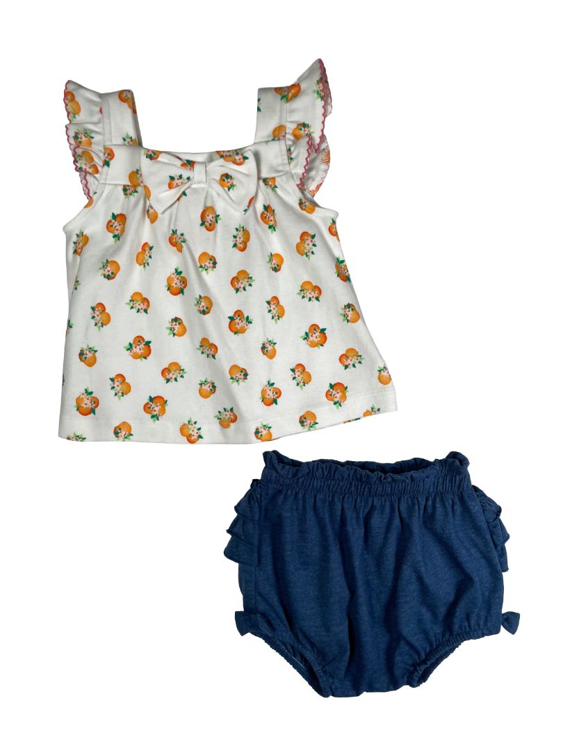 6 mo, Kate Spade, White, Oranges ruffle sleeve shirt + blue ruffle butt bloomers SET