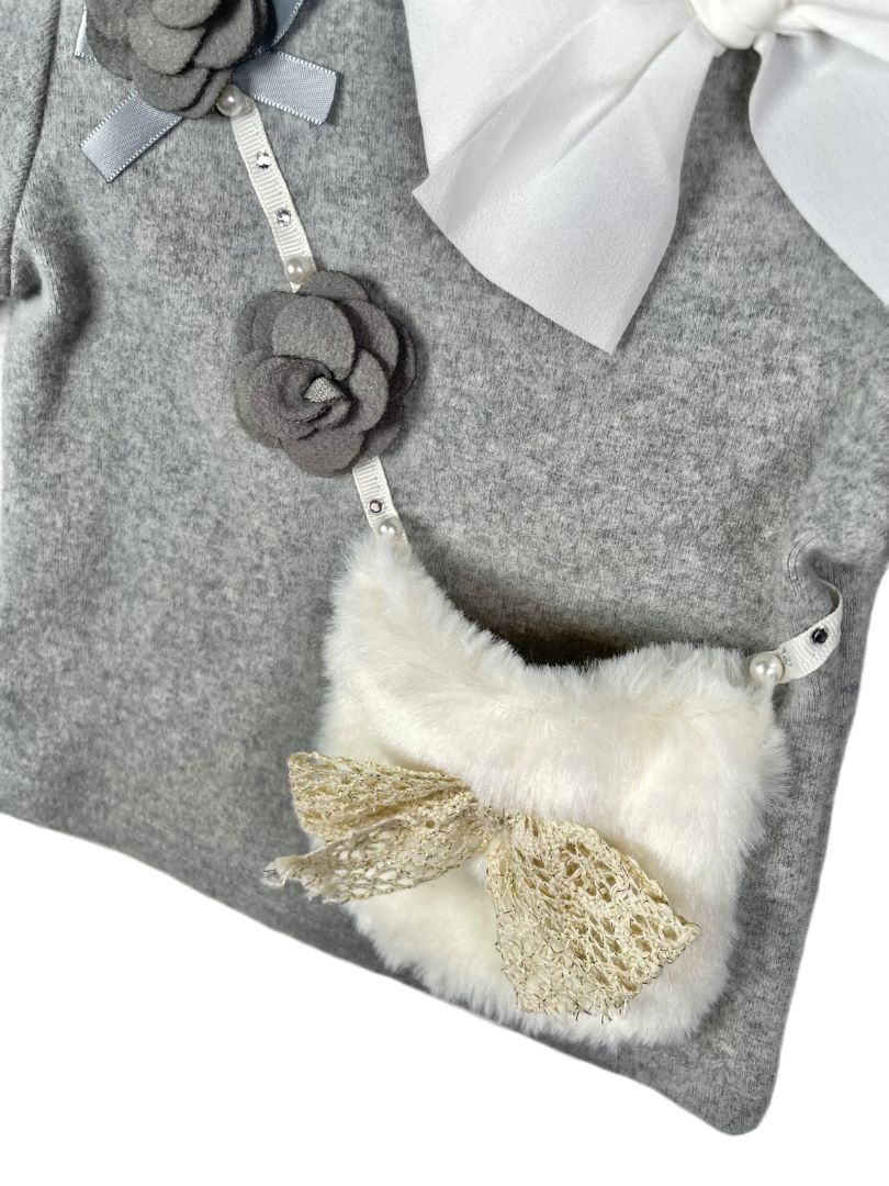 12 mo, Ciao Milano, Grey, NEW w/ tags - Sweatshirt w/ bow, rosettes, faux fur purse