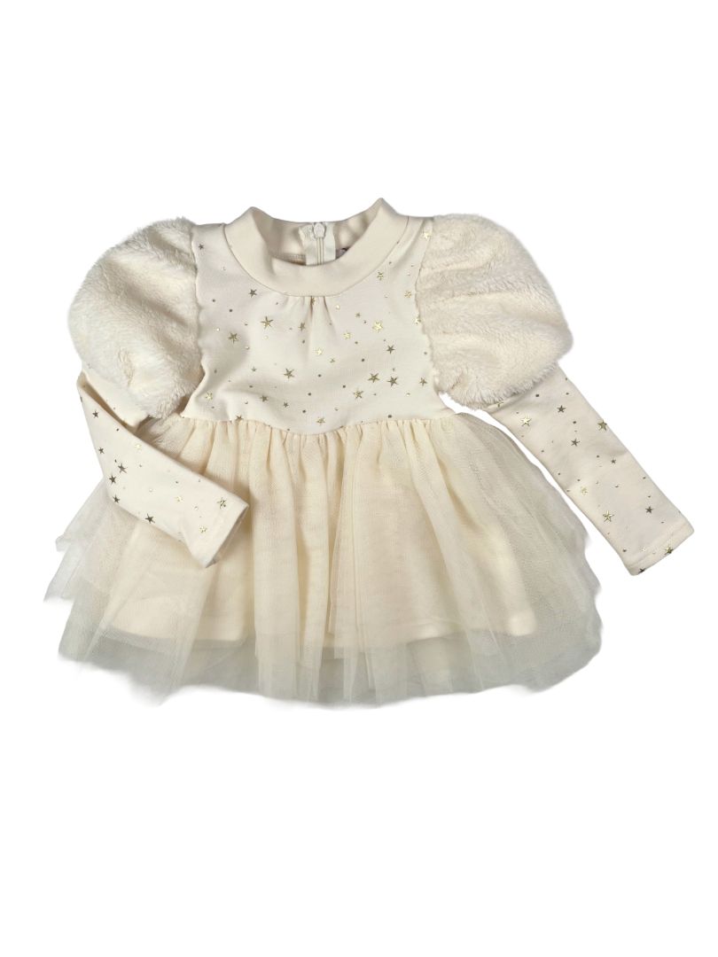 12 mo, Ciao Milano, Cream, NEW w/ tags - Gold star long-sleeve dress, tulle skirt & puff faux fur shoulders