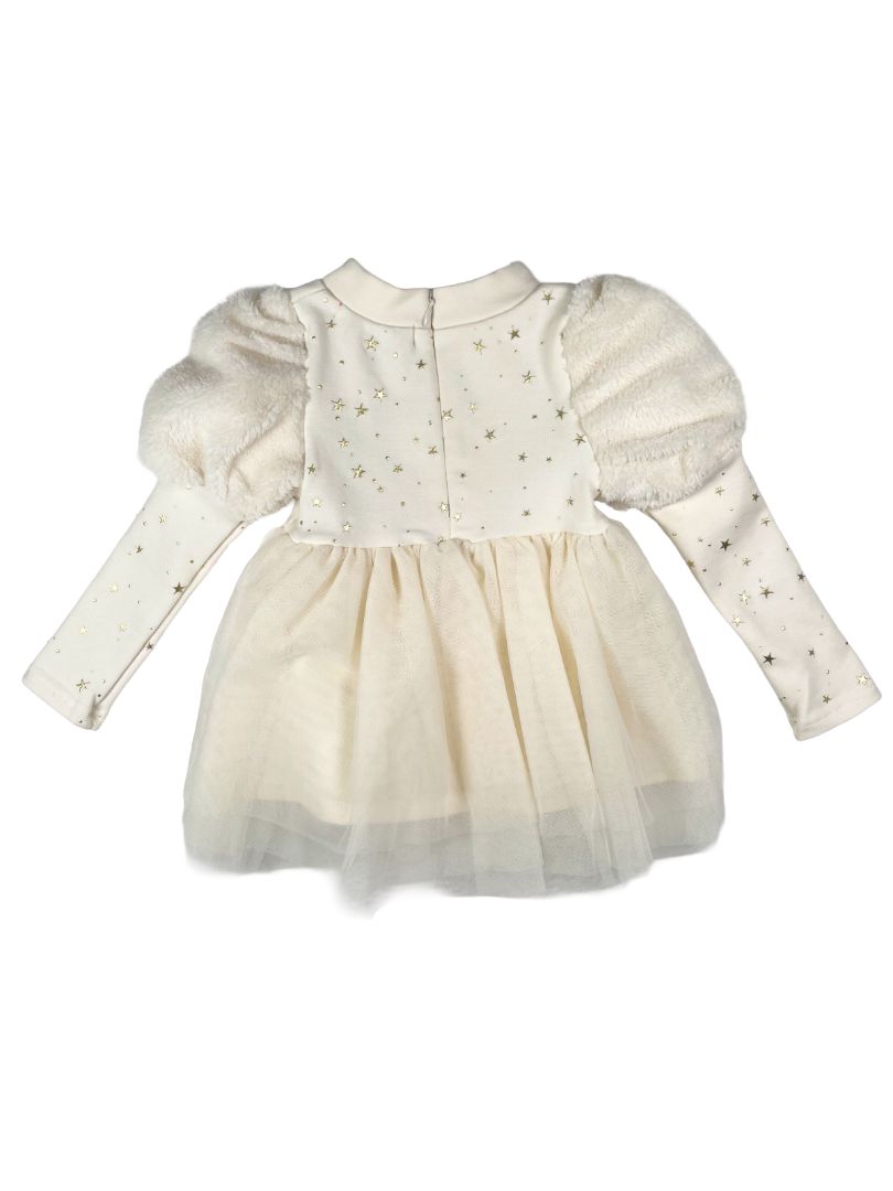 12 mo, Ciao Milano, Cream, NEW w/ tags - Gold star long-sleeve dress, tulle skirt & puff faux fur shoulders