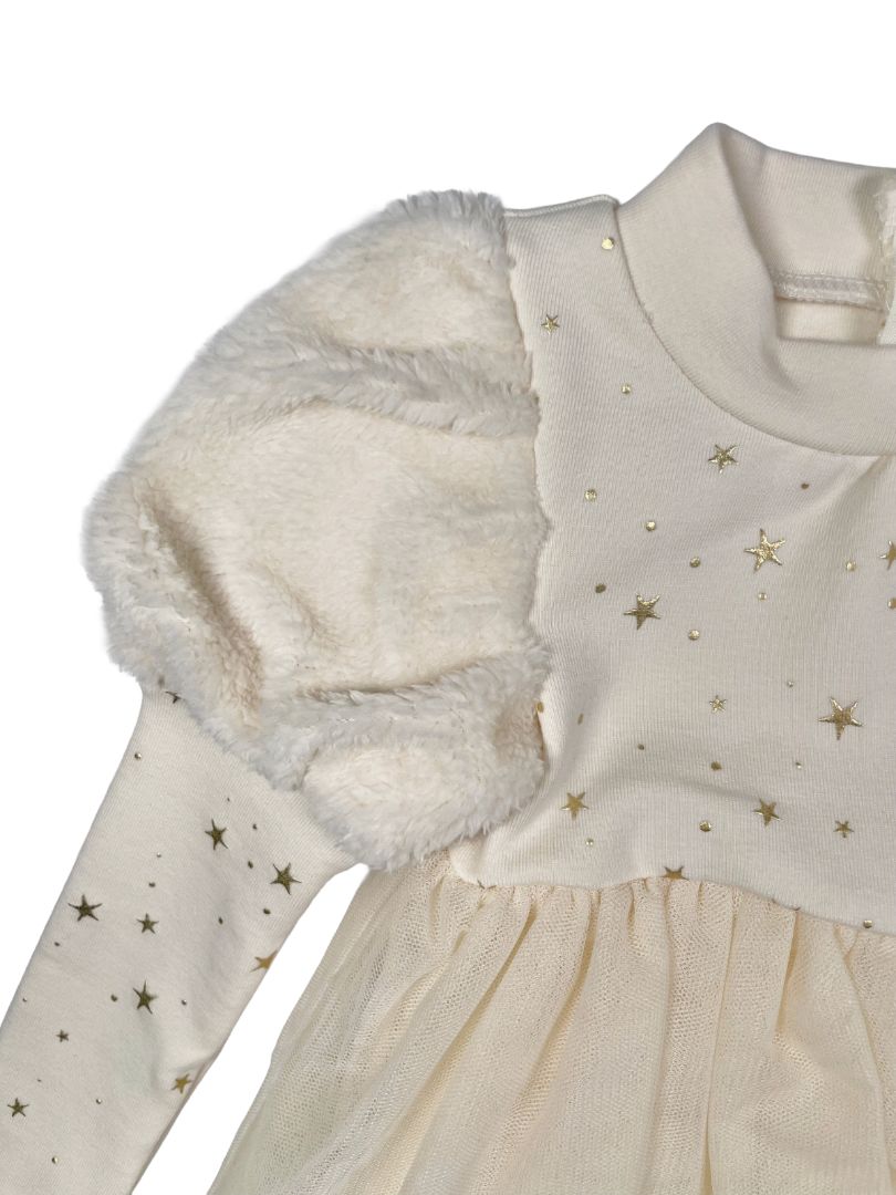 12 mo, Ciao Milano, Cream, NEW w/ tags - Gold star long-sleeve dress, tulle skirt & puff faux fur shoulders