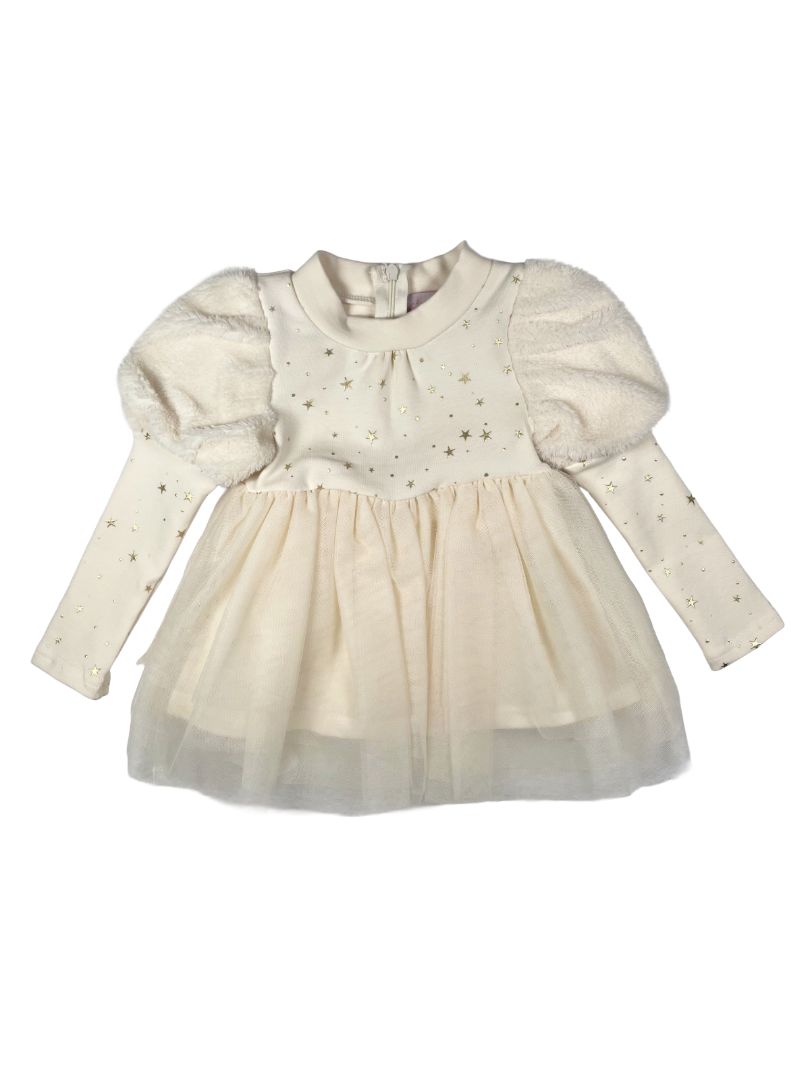 12 mo, Ciao Milano, Cream, NEW w/ tags - Gold star long-sleeve dress, tulle skirt & puff faux fur shoulders