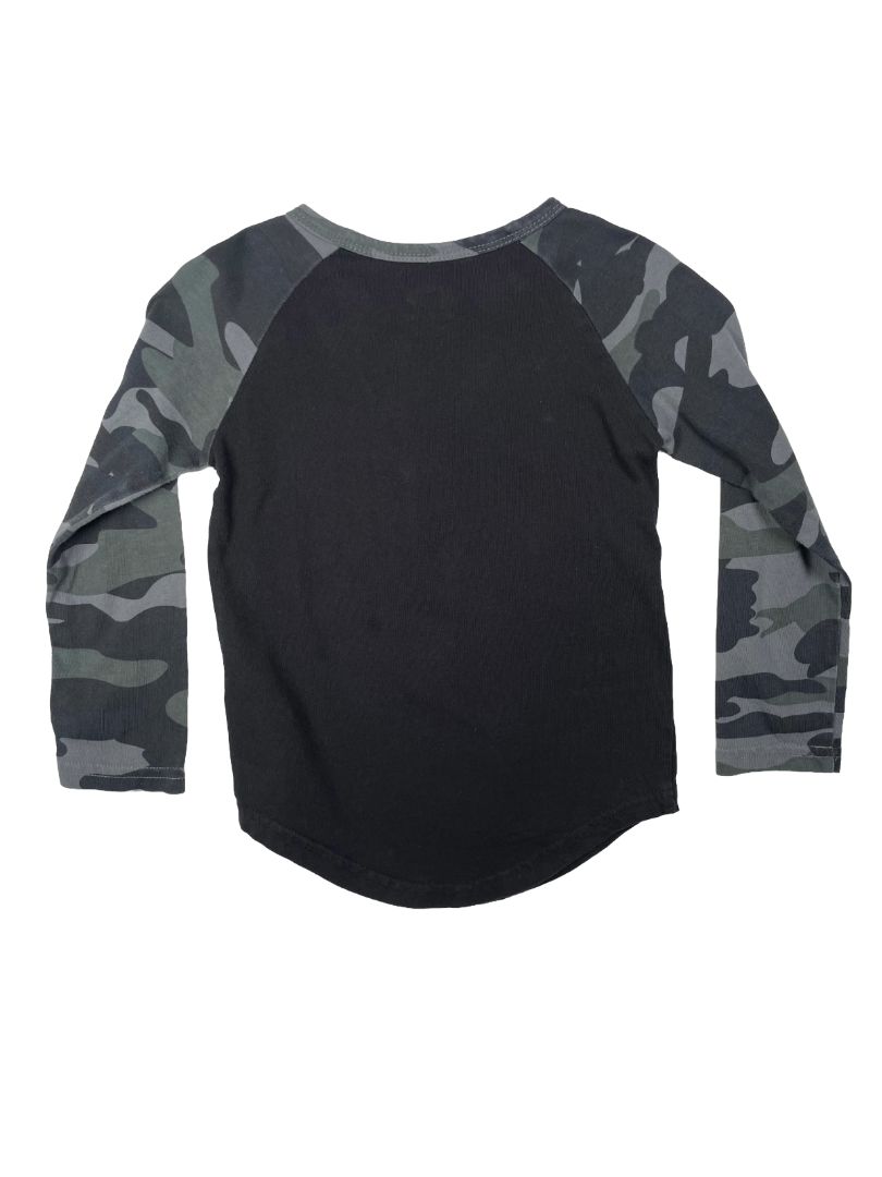 4/4T, Appaman, Black, Shirt w/ camouflage long sleeves, faux grommet v-neck