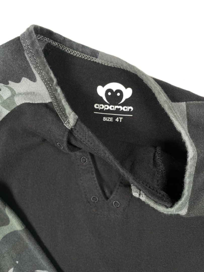 4/4T, Appaman, Black, Shirt w/ camouflage long sleeves, faux grommet v-neck