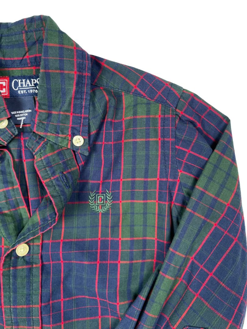 3/3T, Chaps, Blue, Green/red plaid button-up shirt