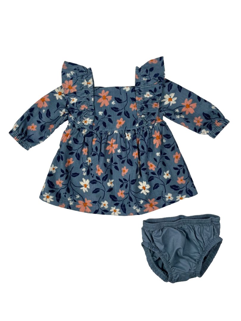 Newborn, Carter's, Blue, Long-sleeve corduroy floral dress w/ ruffle shoulders + diaper cover SET