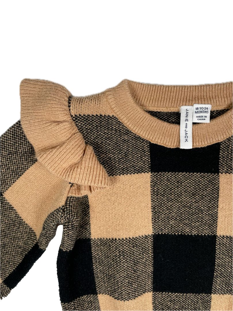 18-24 mo, Janie and Jack, Brown, Knit large gingham sweater w/ ruffles at shoulders, tan/black