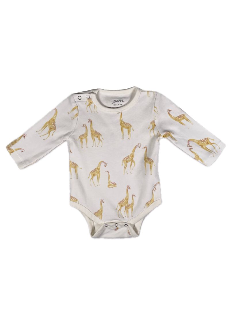 0-3 mo, Pehr, White, Giraffe print organic cotton long-sleeve bodysuit