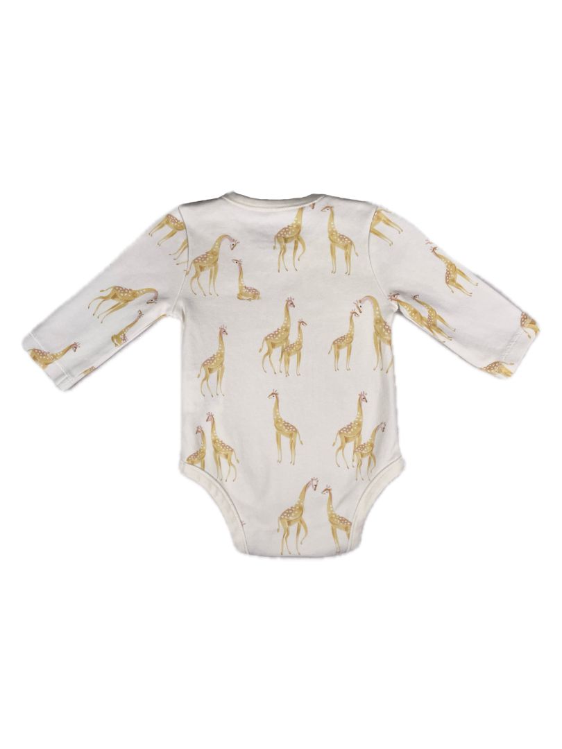 0-3 mo, Pehr, White, Giraffe print organic cotton long-sleeve bodysuit