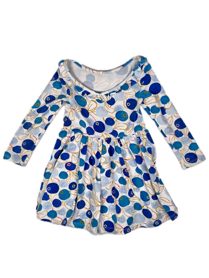 3/3T, Tea Collection, White, Blueberry print long-sleeve pleated skater dress, cotton + stretch